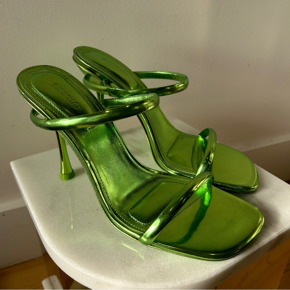 SIMKHAI NEW Green Chrome slip-on strappy heels / mules 7